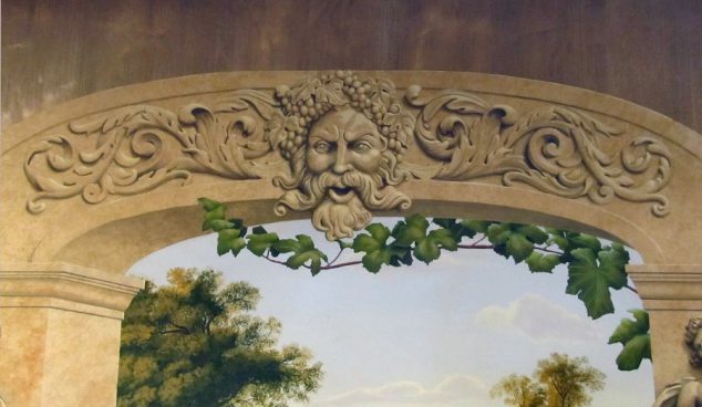 Jeff Raum Stencils: Bacchus Head with freehand scrolls and Grapevine stencil